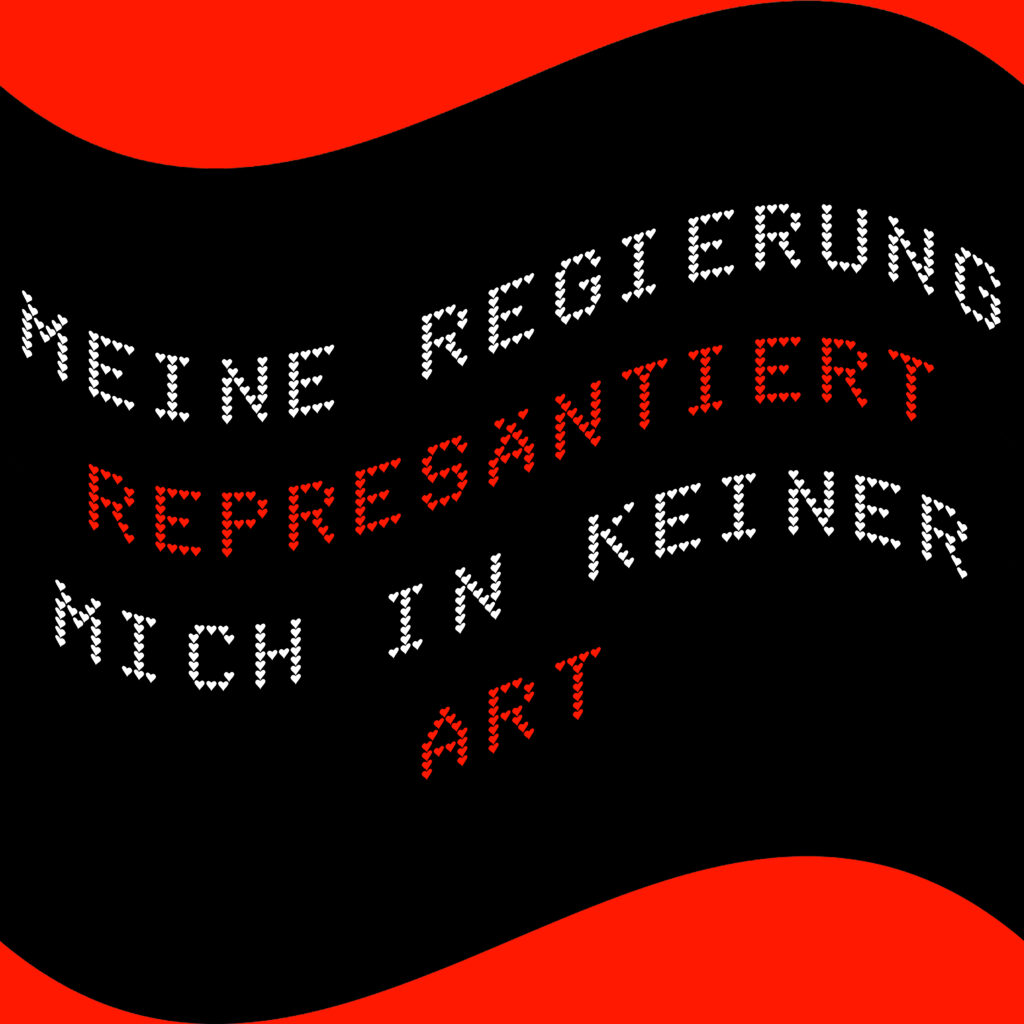 Weißes T-shirt mit Design einer wehenden schwarzen Flagge auf rotem Hintergrund. Darauf steht: "MEINE REGIERUNG REPRESENTIERT MICH IN KEINER ART".