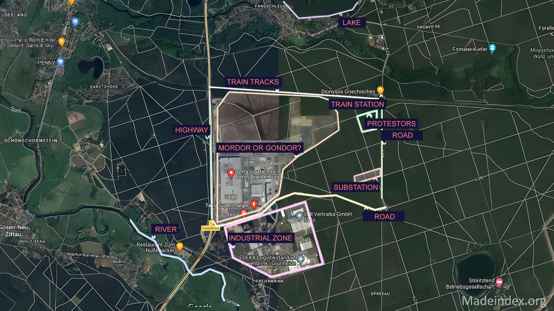 Map of the Tesla Gigafactory Berlin Grünheide and the surrounding area